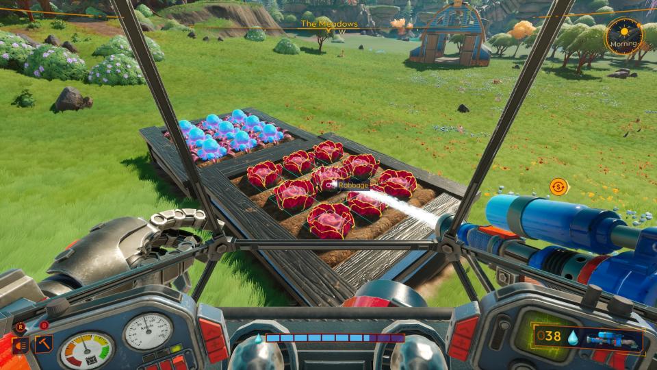 Lightyear Frontier - from a mecha's cockpit view, a player uses the water cannon arm to irrigate crops