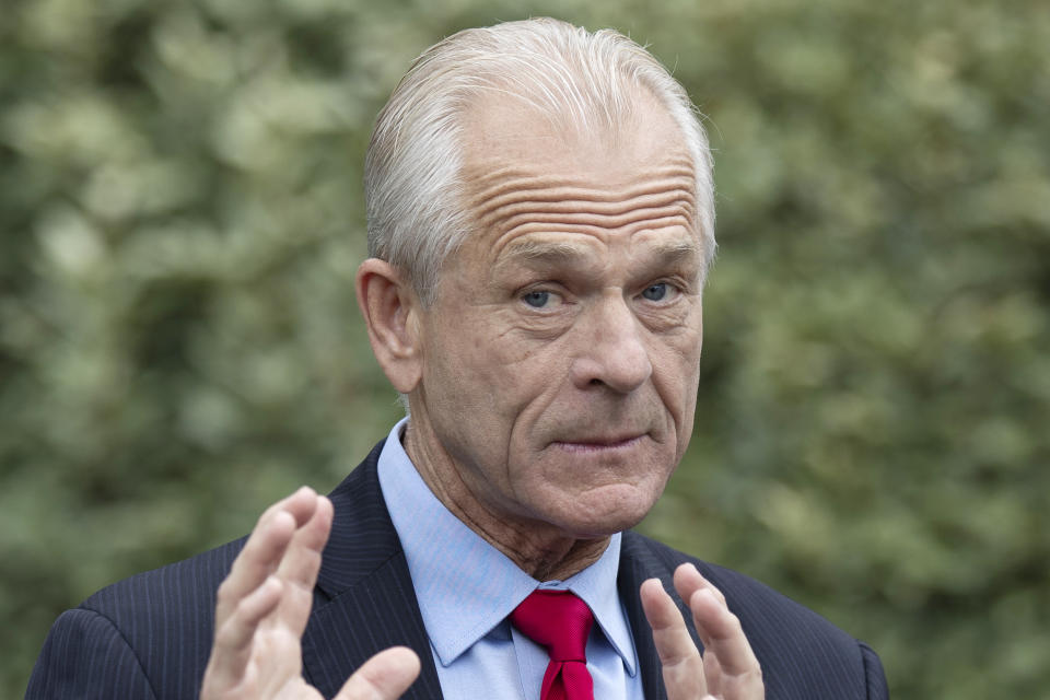 FILE - White House trade adviser Peter Navarro speaks with reporters at the White House, June 18, 2020, in Washington. The House committee investigating the Capitol riot has set a vote for next week to consider contempt of Congress charges for two aides of former President Donald Trump. The committee will meet Monday to discuss whether to recommend referring for potential prosecution Trump’s former trade adviser, Peter Navarro, and Dan Scavino, the onetime chief of staff for communications. (AP Photo/Alex Brandon, File)