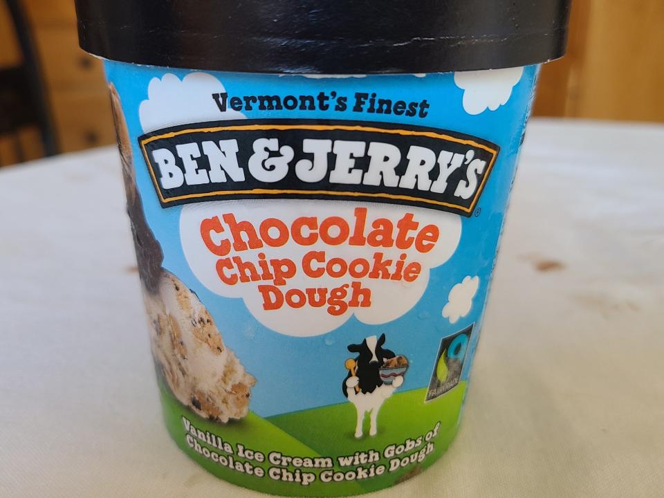 A carton of Ben & Jerry's chocolate chip cookie dough ice cream