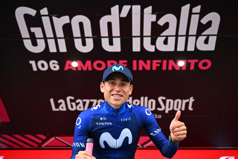 CRANSMONTANA SWITZERLAND  MAY 19 Einer Augusto Rubio of Colombia and Movistar Team celebrates at podium as stage winner during the 106th Giro dItalia 2023 Stage 13 a 75km stage from Le Chable to CransMontana  Valais 1456m  Stage shortened due to the adverse weather conditions  UCIWT  on May 19 2023 in CransMontana Switzerland Photo by Stuart FranklinGetty Images