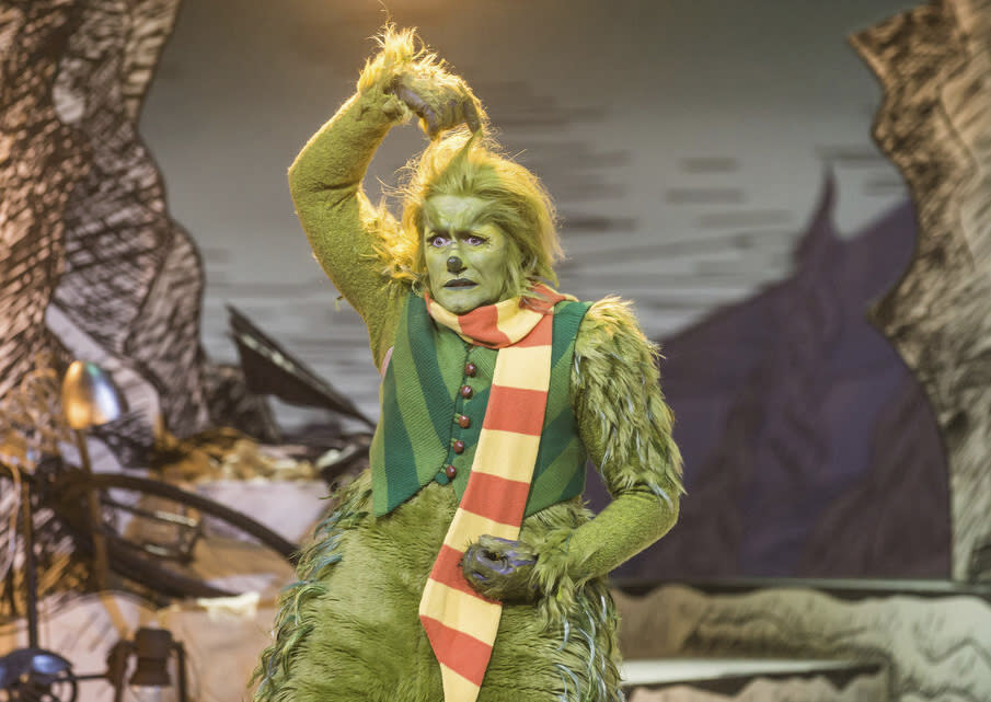 This image released by NBC shows Matthew Morrison as Grinch in a scene from "Dr. Suess' The Grinch Musical," airing Dec. 9 on NBC. (David Cotter/NBC via AP)