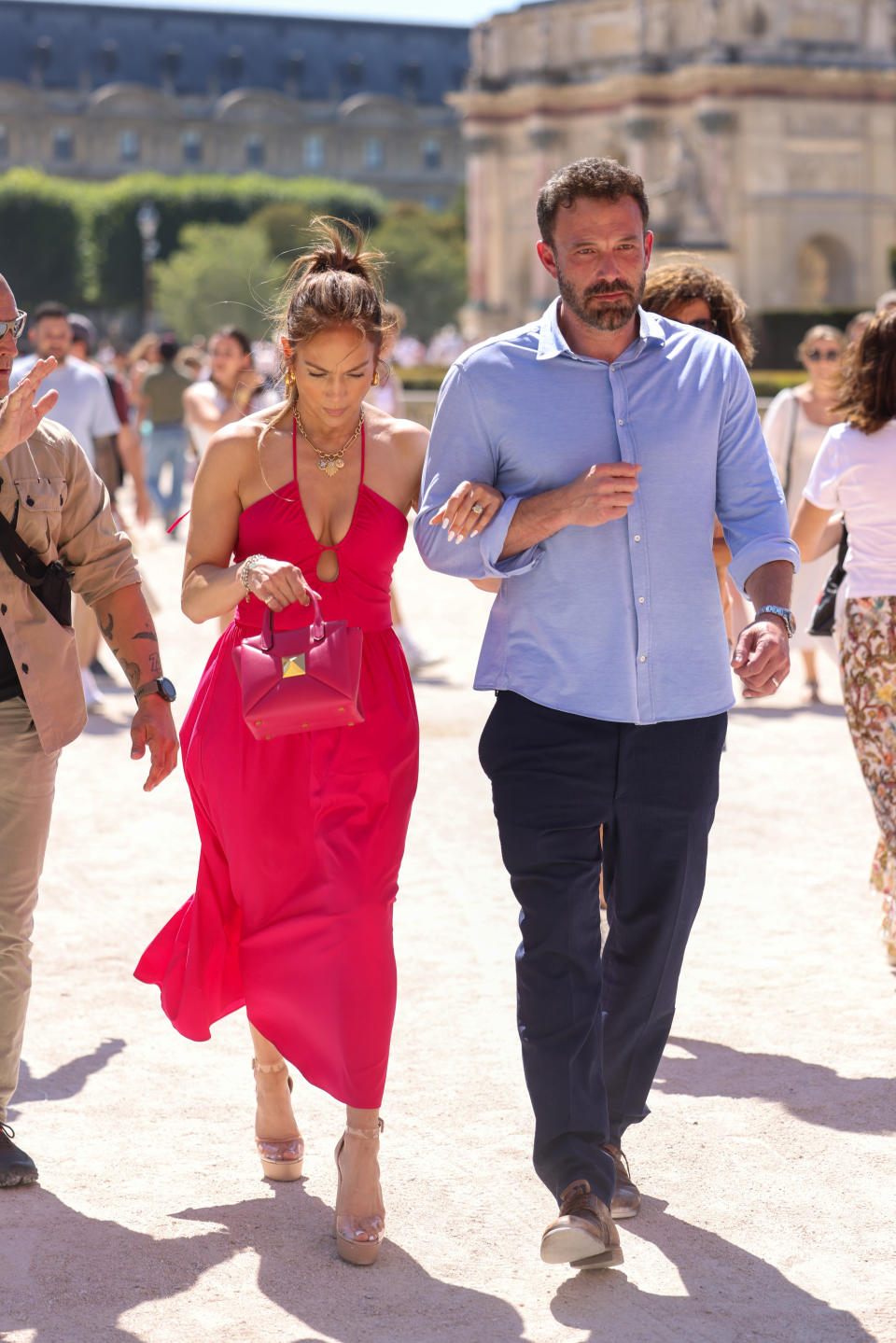 Jennifer Lopez and Ben Affleck are seen strolling near the Louvre Museum on July 24, 2022 in Paris, France. (Photo by Pierre Suu/GC Images)