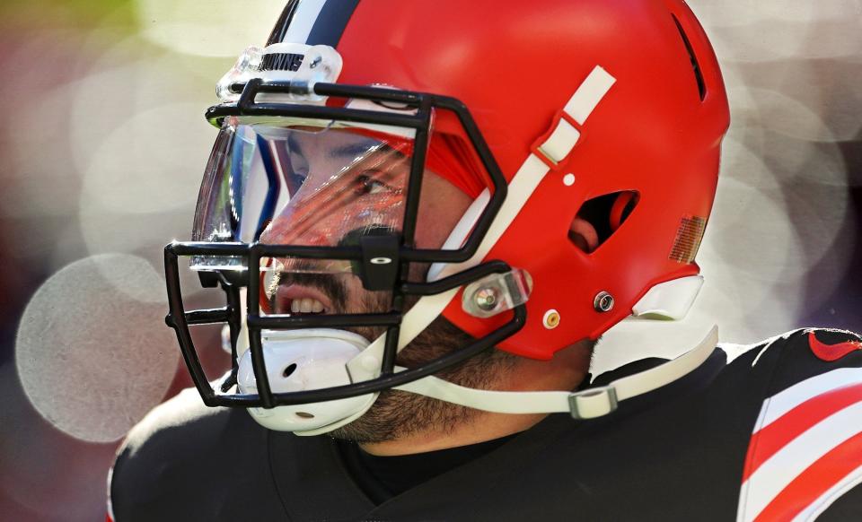 Cleveland Browns quarterback Baker Mayfield (6) takes the field before an NFL football game against the Baltimore Ravens at FirstEnergy Stadium, Sunday, Dec. 12, 2021, in Cleveland, Ohio. [Jeff Lange/Beacon Journal]

Browns 22