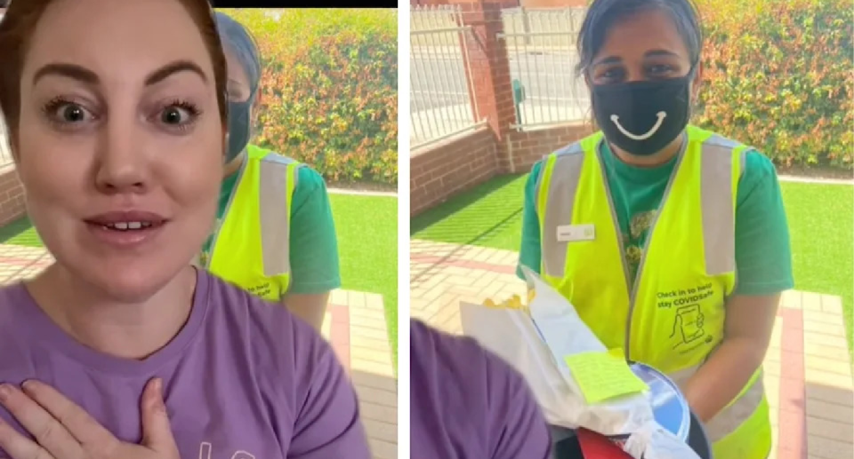 Stills from TikTok showing TikToker talking to camera and Woolworths store manager Mansi standing in uniform with flowers