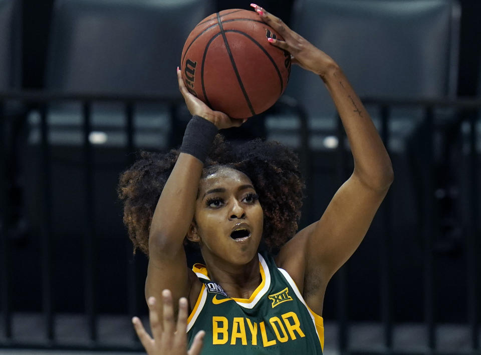 Baylor 's DiDi Richards (2) shoots during the first half of an NCAA women's college basketball game Tuesday, Dec. 1, 2020, in Tampa, Fla. (AP Photo/Chris O'Meara)