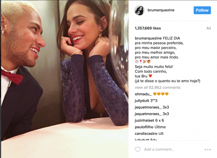 Además, Bruna publicó esta romántica felicitación en sus redes sociales. Crédito:Instagram/brumarquezine