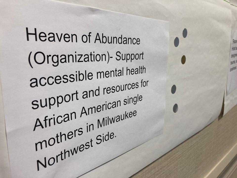 The wall in the meeting room of a far northwest side hotel displays nearly 30 community driven projects seeking funding through a pilot program for participatory budgeting developed by African American Round Table.