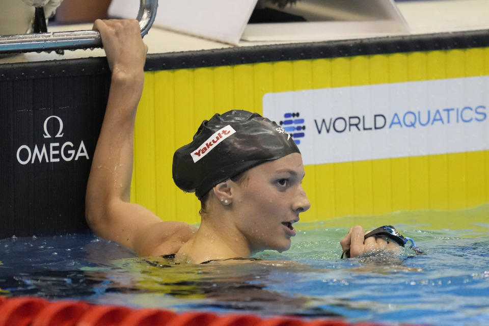 Canada's Summer McIntosh reacts after winning the women's 200m butterfly final at the World Swimming Championships in Fukuoka, Japan, Thursday, July 27, 2023.