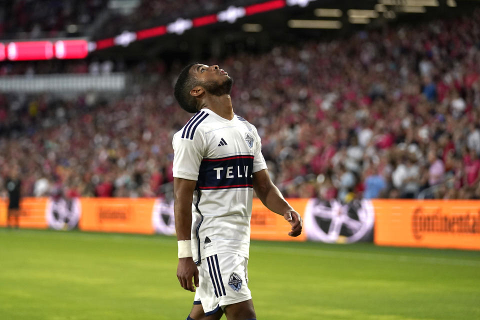 Vancouver Whitecaps' Pedro Vite (45) reacts during the first half of an MLS soccer match against St. Louis City Saturday, May 27, 2023, in St. Louis. (AP Photo/Jeff Roberson)