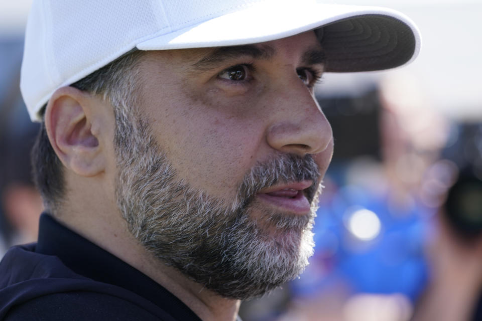 Atlanta Braves general manager Alex Anthopoulos speaks to the media at CoolToday Park during spring baseball training on Monday March 14, 2022, in North Port, Fla.(AP Photo/Steve Helber)