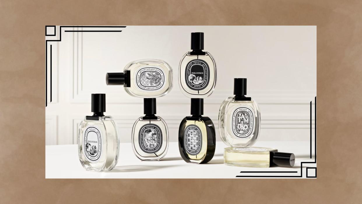  A brown background with an image of seven Diptyque perfume bottles. 