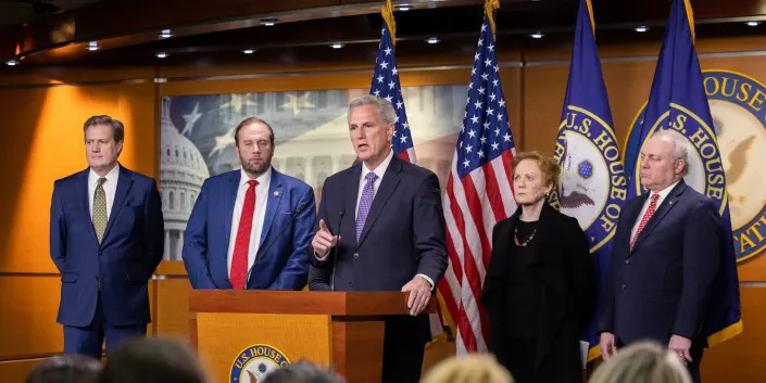 House Minority Leader Kevin McCarthy and other House Republicans at a press conference on Wednesday.