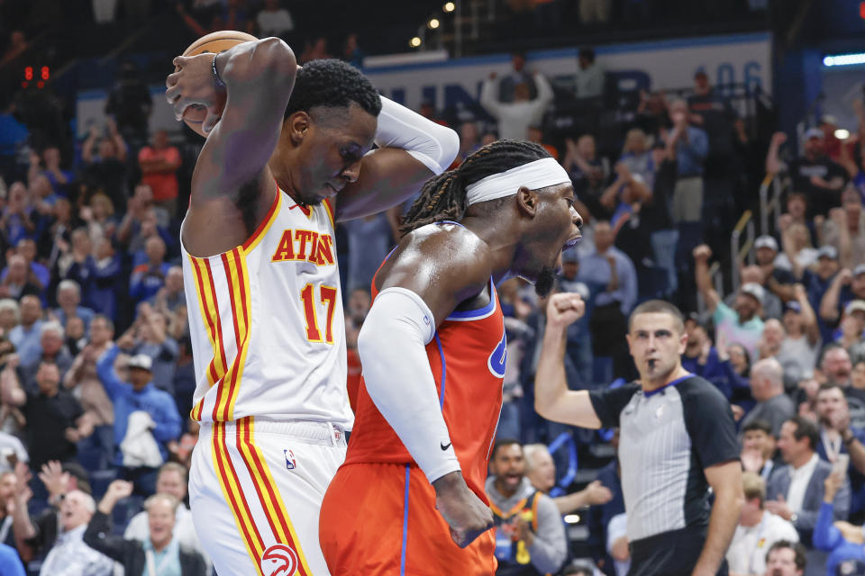 Nov 6, 2023; Oklahoma City, Oklahoma, USA; Oklahoma City Thunder guard Luguentz Dort (5) reacts after a play against the Atlanta Hawks during the second half at Paycom Center. Oklahoma City won 126-117. Mandatory Credit: Alonzo Adams-USA TODAY Sports