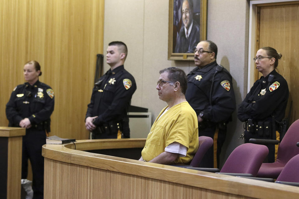 Paul Caneiro appears for his arraignment in the murders of his brother and his brother's family, before Judge Joseph W. Oxley at the Monmouth County Courthouse in Freehold, NJ Monday, March 18, 2019. Caneiro has pleaded not guilty to felony murder and other charges. (Tanya Breen/NJ Advance Media via AP, Pool)