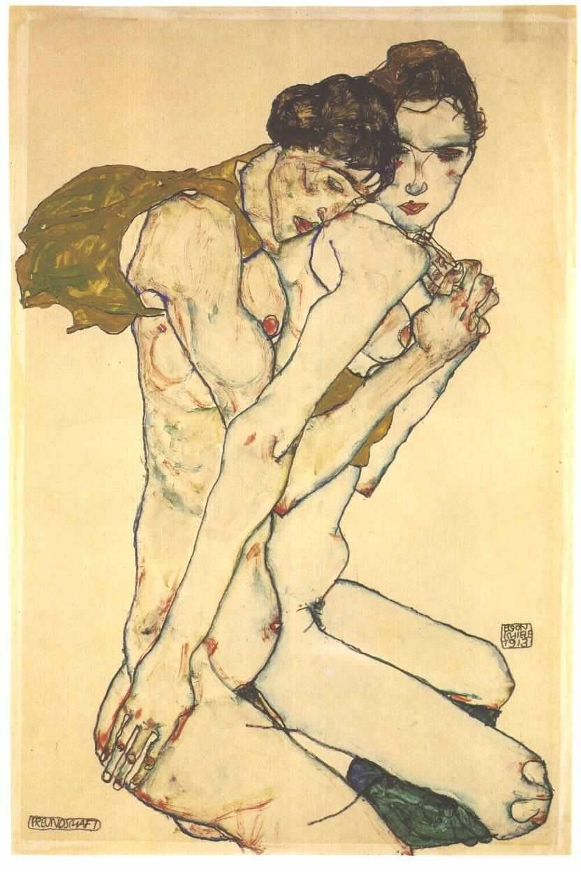 Despite the title, there's a underlying sense of sexuality in Schiele's depiction of two naked individuals, embracing in a twist of line and form reminiscent of the great Austrian painter's intense figurative works.