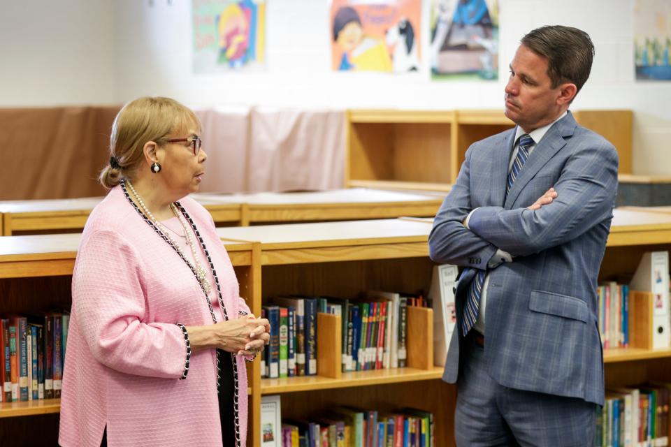 Jefferson County Board of Education Chairwoman Diane Porter, left, talks with JCPS superintendent Marty Pollio at Roosevelt-Perry Elementary on May 3, 2021. Roosevelt-Perry Elementary will be the new home for the Grace James Academy of Excellence. Students at Roosevelt-Perry and Wheatley Elementary schools will merge in a new building behind the new West End YMCA.