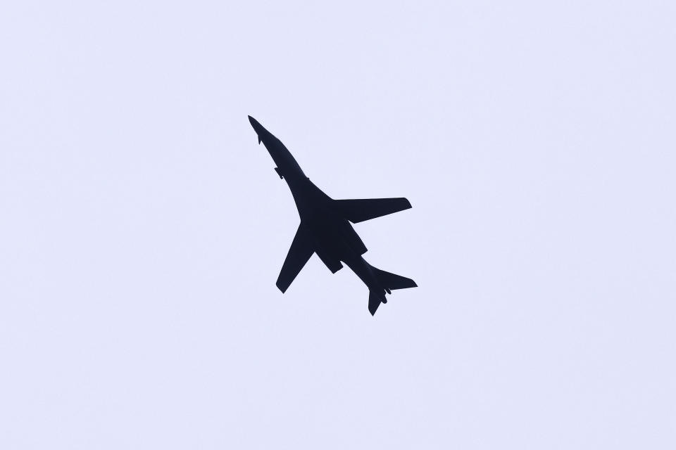 A US Air Force B-1B Lancer bomber flies over Sarajevo, Bosnia, Tuesday, May 30, 2023. The two B-1B Lancer aircraft are assigned to the 7th Bomb Wing currently operating out of RAF Fairford, United Kingdom, conducted a low approach flyby over Sarajevo and other cities of Bosnia and Herzegovina to underscore the United States' strong partnership with the Armed Forces of BiH and enduring commitment to Bosnia and Herzegovina's sovereignty, territorial integrity, and multiethnic character. (AP Photo/Armin Durgut)