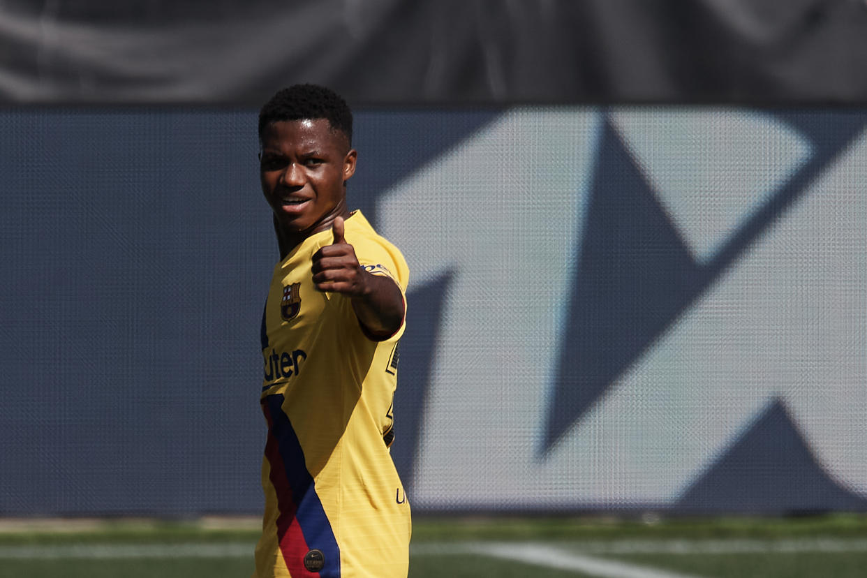 Ansu Fati of Barcelona gestures during the Liga match between Deportivo Alaves and FC Barcelona at Estadio de Mendizorroza on July 19, 2020 in Vitoria-Gasteiz, Spain. (Photo by Jose Breton/Pics Action/NurPhoto via Getty Images)