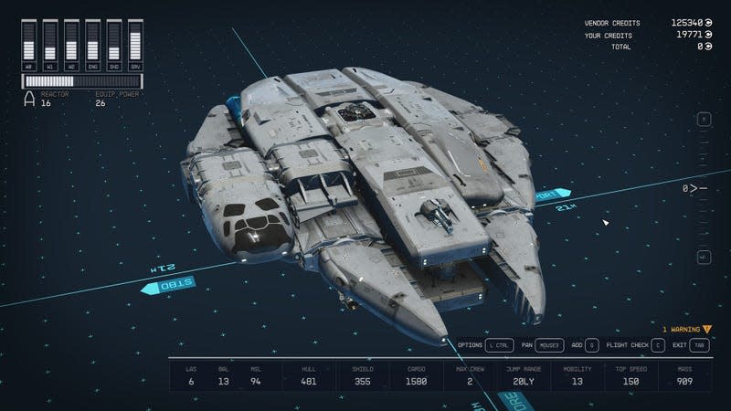 A remake of the Millennium Falcon sits in Starfield's ship builder.