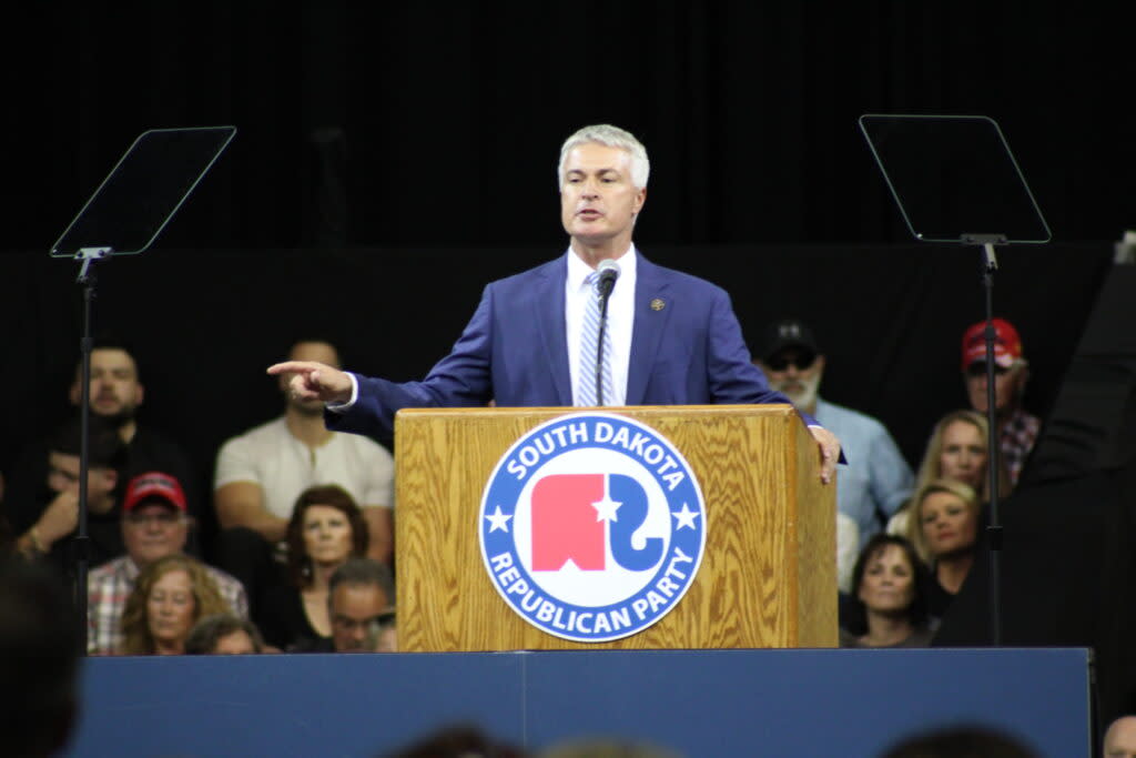 Attorney General Marty Jackley speaks during a rally featuring former President Donald Trump on Sept. 8, 2023, at The Monument in Rapid City. (Seth Tupper/South Dakota Searchlight)