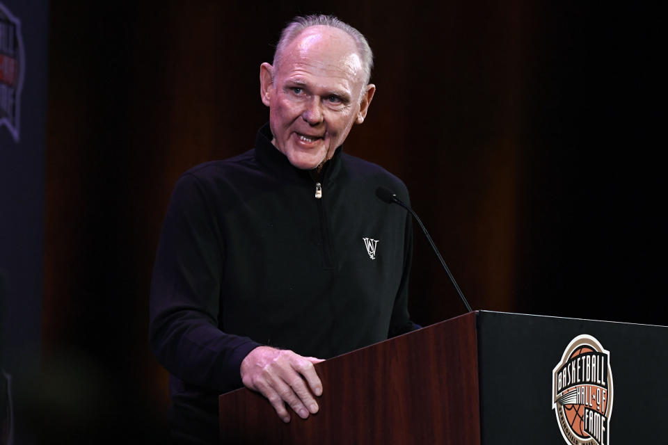 Basketball Hall of Fame Class of 2022 inductee George Karl speaks at a news conference at Mohegan Sun, Friday, Sept. 9, 2022, in Uncasville, Conn. (AP Photo/Jessica Hill)