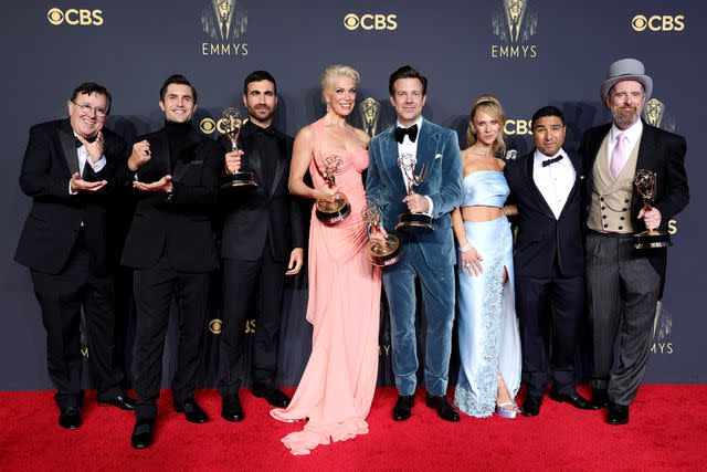 Rich Fury/Getty Cast of <em>Ted Lasso</em>, from L: Jeremy Swift, Phil Dunster, Brett Goldstein, Hannah Waddingham, Jason Sudeikis, Juno Temple, Nick Mohammed and Brendan Hunt