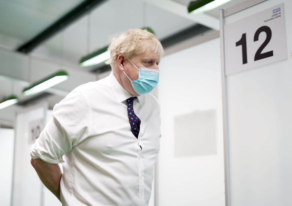 Prime Minister Boris Johnson during a visit to a vaccination hub in the Guttman Centre at Stoke Mandeville Stadium in Aylesbury, Buckinghamshire (Steve Parsons/PA) (PA Wire)