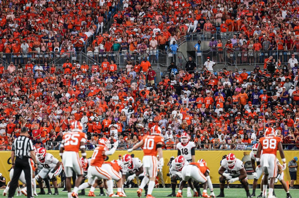 A crowded stadium watches the game during the Dukes Mayo Classic at the Bank of America Stadium in Charlotte, N.C., on Saturday, September 4, 2021.