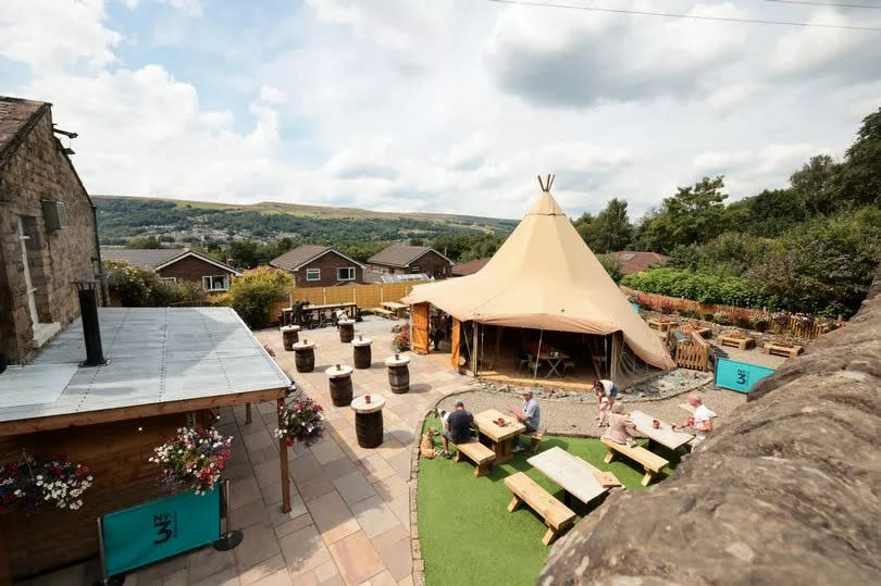 The beer garden at the Eagle and Child pub in Ramsbottom