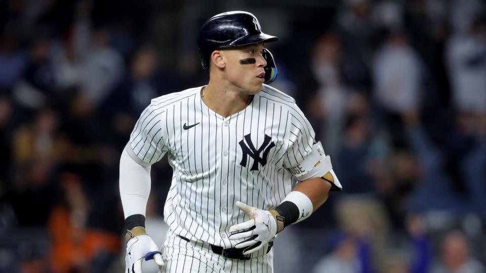 Sep 25, 2024; Bronx, New York, USA; New York Yankees center fielder Aaron Judge (99) rounds the bases after hitting a three run home run against the Baltimore Orioles during the ninth inning at Yankee Stadium. Mandatory Credit: Brad Penner-Imagn Images