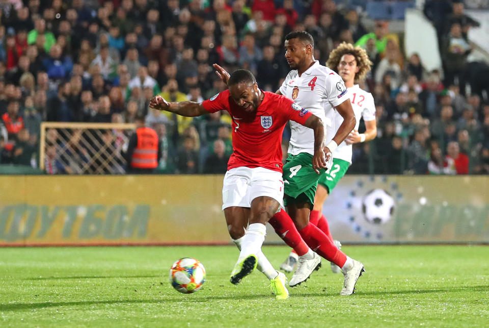 SOFIA, BULGARIA - OCTOBER 14: Raheem Sterling of England scores his sides fifth goal during the UEFA Euro 2020 qualifier between Bulgaria and England on October 14, 2019 in Sofia, Bulgaria. (Photo by Catherine Ivill/Getty Images)