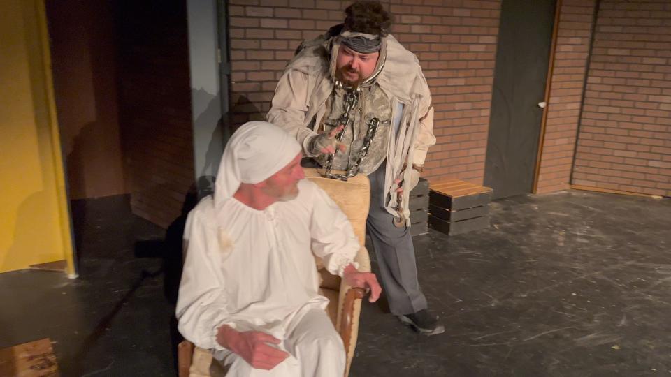 Peter Jensen as Scrooge and Seth Wester as Jacob Marley on the set of “A Christmas Carol.”