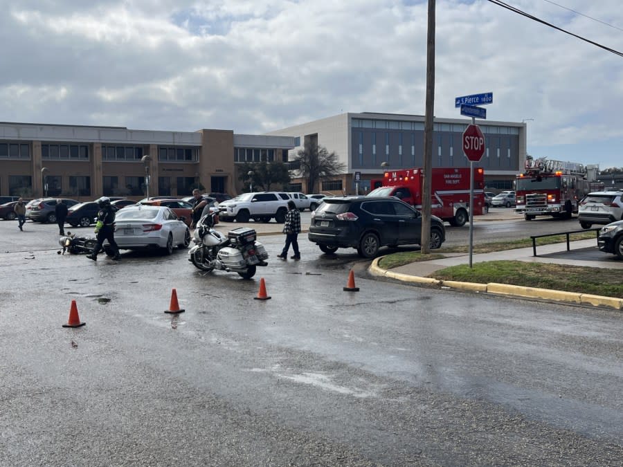 San Angelo Police Department and San Angelo Fire Department block off the intersection of Vanderventer Avenue and S. Pierce Street for a wreck that involved a motorcycle and Honda Accord near ASU