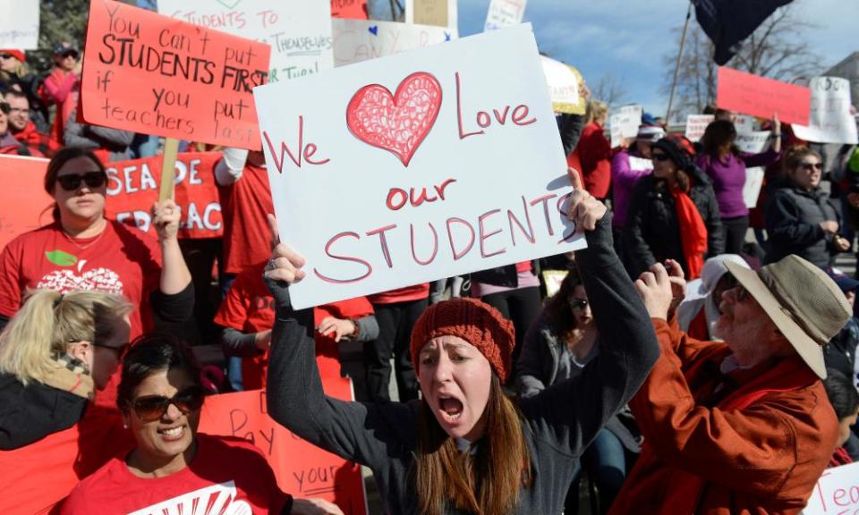 Teachers strike in Denver, Colorado on 12 February. 