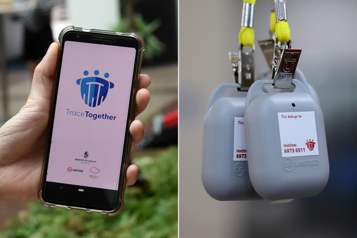 The TraceTogether app (left) and token (right). (PHOTOS: Getty Images / Reuters)