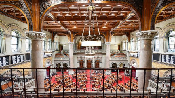 PHOTO: The Assembly Chamber is pictured as the house stands at ease during a special legislative session as lawmakers consider new firearms regulations for concealed-carry permits at the state Capitol, June 30, 2022, in Albany, N.Y. (Hans Pennink/AP)