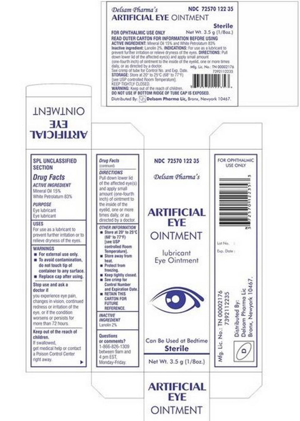 Empaque desarmado de la pomada ocular Artificial Eye de Delsam Pharma.