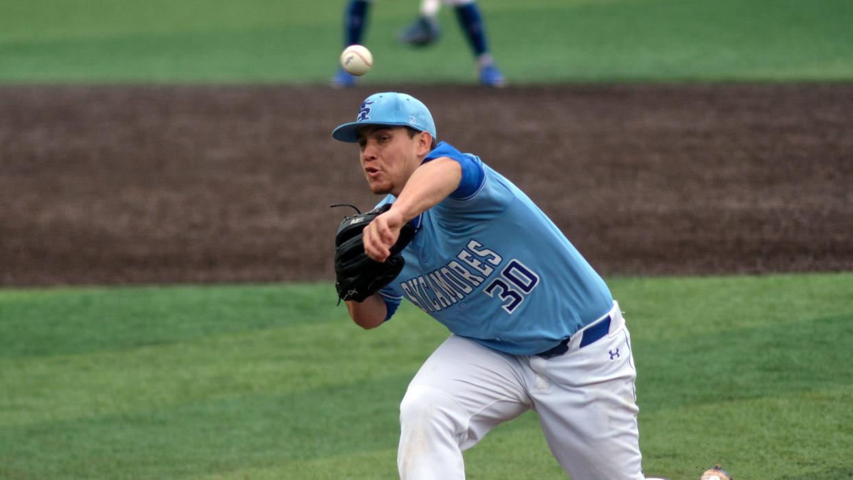 Indiana State pitcher Geremy Guerrero (30) during an NCAA baseball game against Tennessee on Saturday, Feb. 27, 2021, in Knoxville, Tenn. (AP Photo/Shawn Millsaps)