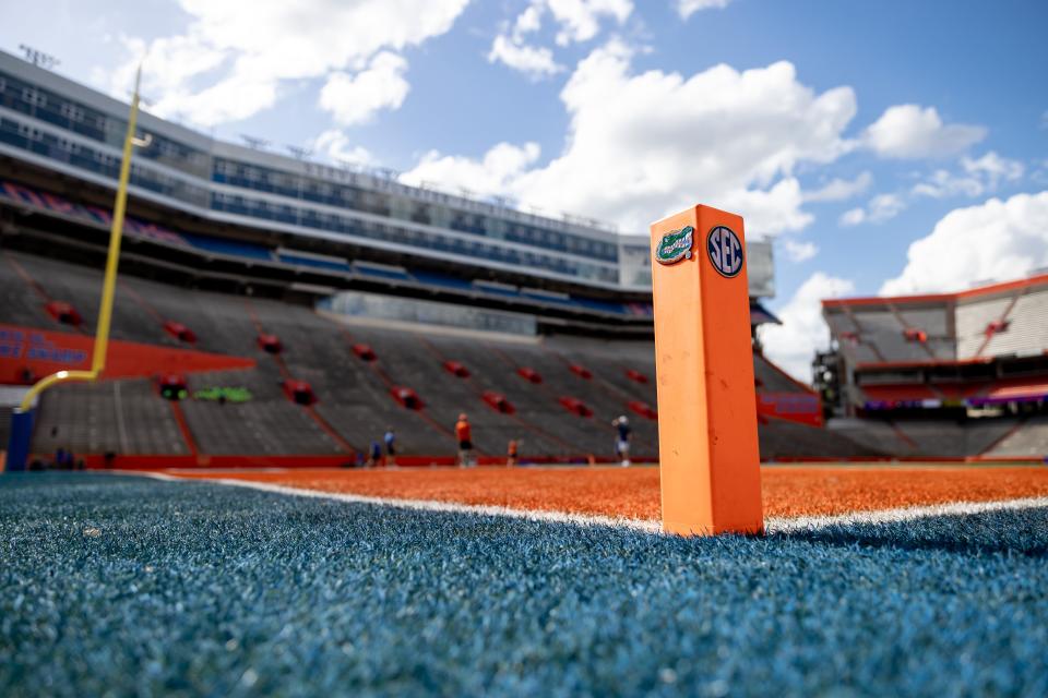 A pylon sits on the field before the game during the Florida Gators Orange and Blue Spring Game at Steve Spurrier Field at Ben Hill Griffin Stadium in Gainesville, FL on Thursday, April 13, 2023. [Matt Pendleton/Gainesville Sun]