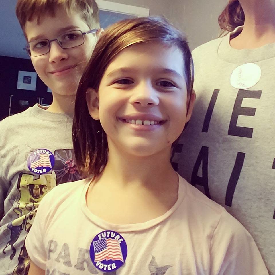 I have taken the kids to vote with me every year since they were born and yes I vote every year -- local ballots matter, too. Even more excited to vote this year, lets make herstory! I love the Future Voter stickers they handed out to the kids.