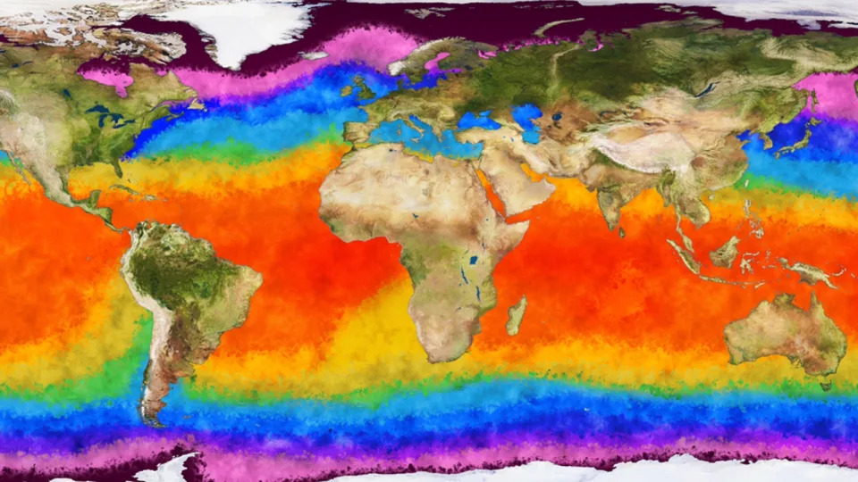  A rainbow-colored map of the world showing different sea surface temperatures across the globe. 