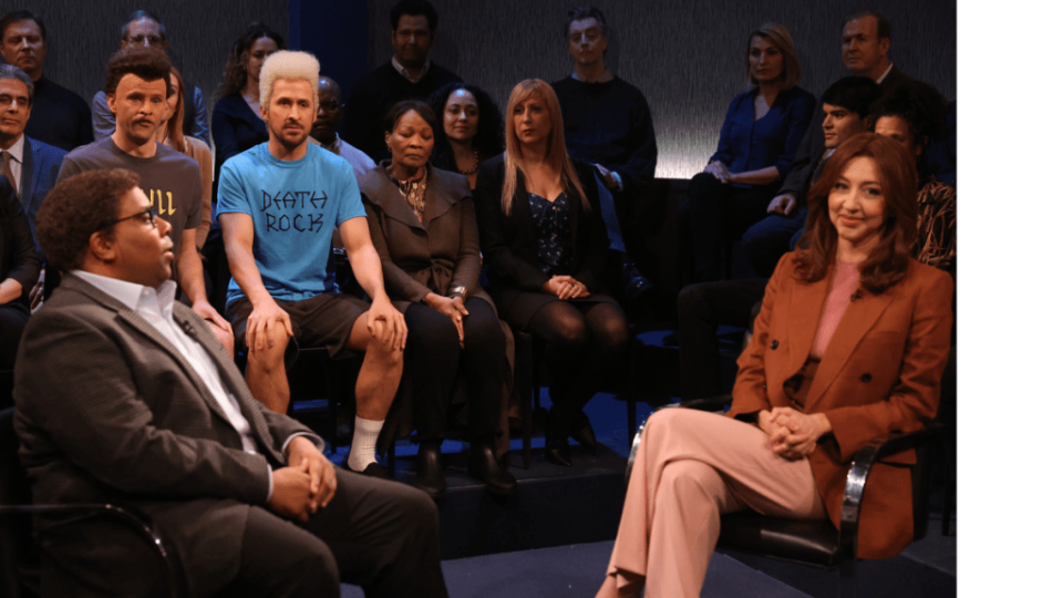 Kenan Thompson as a professor, Mikey Day as Butt-Head, Ryan Gosling as Beavis and Heidi Gardner as a NewsNation anchor on "Saturday Night Live" (NBC)