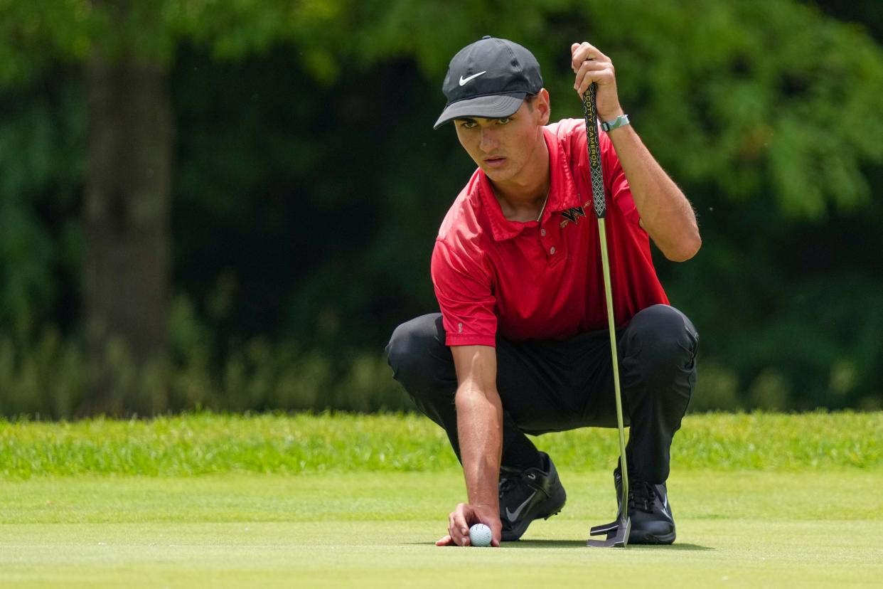 Westview's Silas Haarer places his ball on the green at hole 18 on the second day of IHSAA boys golf state finals Wednesday, June 14, 2023, at Prairie View Golf Club in Carmel. 