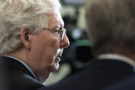 Senate Minority Leader Mitch McConnell of Ky., speaks with reporters as the Senate prepares for a key test vote on the For the People Act, a sweeping bill that would overhaul the election system and voting rights, at the Capitol in Washington, Tuesday, June 22, 2021. The bill is a top priority for Democrats seeking to ensure access to the polls and mail in ballots, but it is opposed by Republicans as a federal overreach. (AP Photo/Alex Brandon)