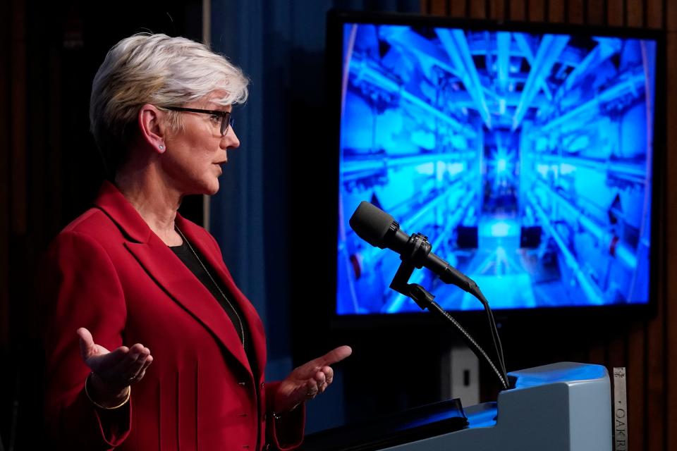 Secretary of Energy Jennifer Granholm announces a major scientific breakthrough in fusion research that was made at the Lawrence Livermore National Laboratory in California, during a news conference at the Department of Energy in Washington on Tuesday.
