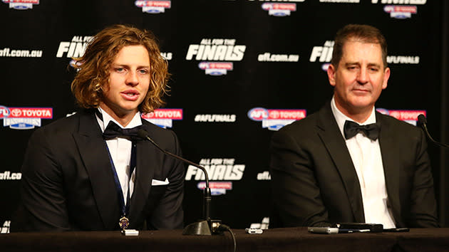 Fremantle's Nat Fyfe and Ross Lyon front the media after Fyfe's Brownlow win.