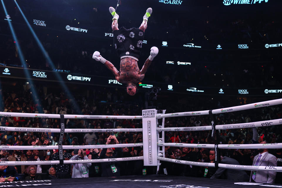 WASHINGTON, DC - JANUARY 07: Gervonta Davis celebrates after defeating Hector Luis Garcia in their WBA World Lightweight Championship bout at Capital One Arena on January 7, 2023 in Washington, DC. (Photo by Patrick Smith/Getty Images)