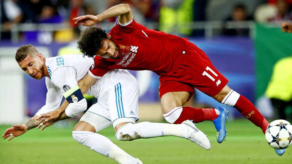 Sergio Ramos’ controversial tackle that ended Mo Salah’s Champions League dream. Pic: Getty