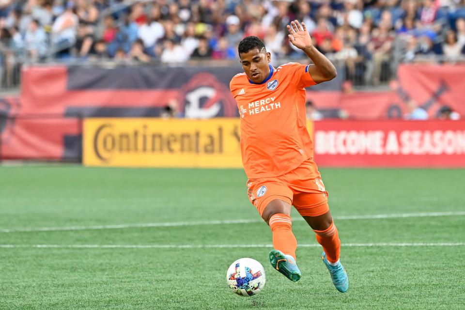 Jul 3, 2022; Foxborough, Massachusetts, USA;  FC Cincinnati midfielder Allan Cruz (8) redirects the ball during the first half at Gillette Stadium.