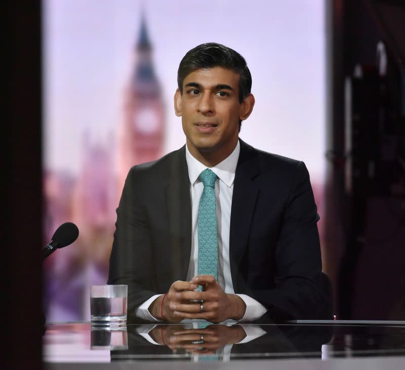 Britain's Chancellor of the Exchequer Rishi Sunak reacts on BBC TV's The Andrew Marr Show